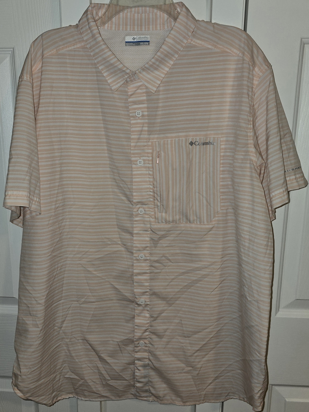 Columbia Men’s Short-Sleeve Striped Button-Up Shirt — Peach & White XXL